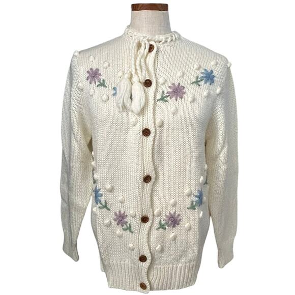 Vintage Floral Embroidered Cardigan Cream L/XL 3D Flowers Cottagecore Tie Neck - Picture 2 of 16